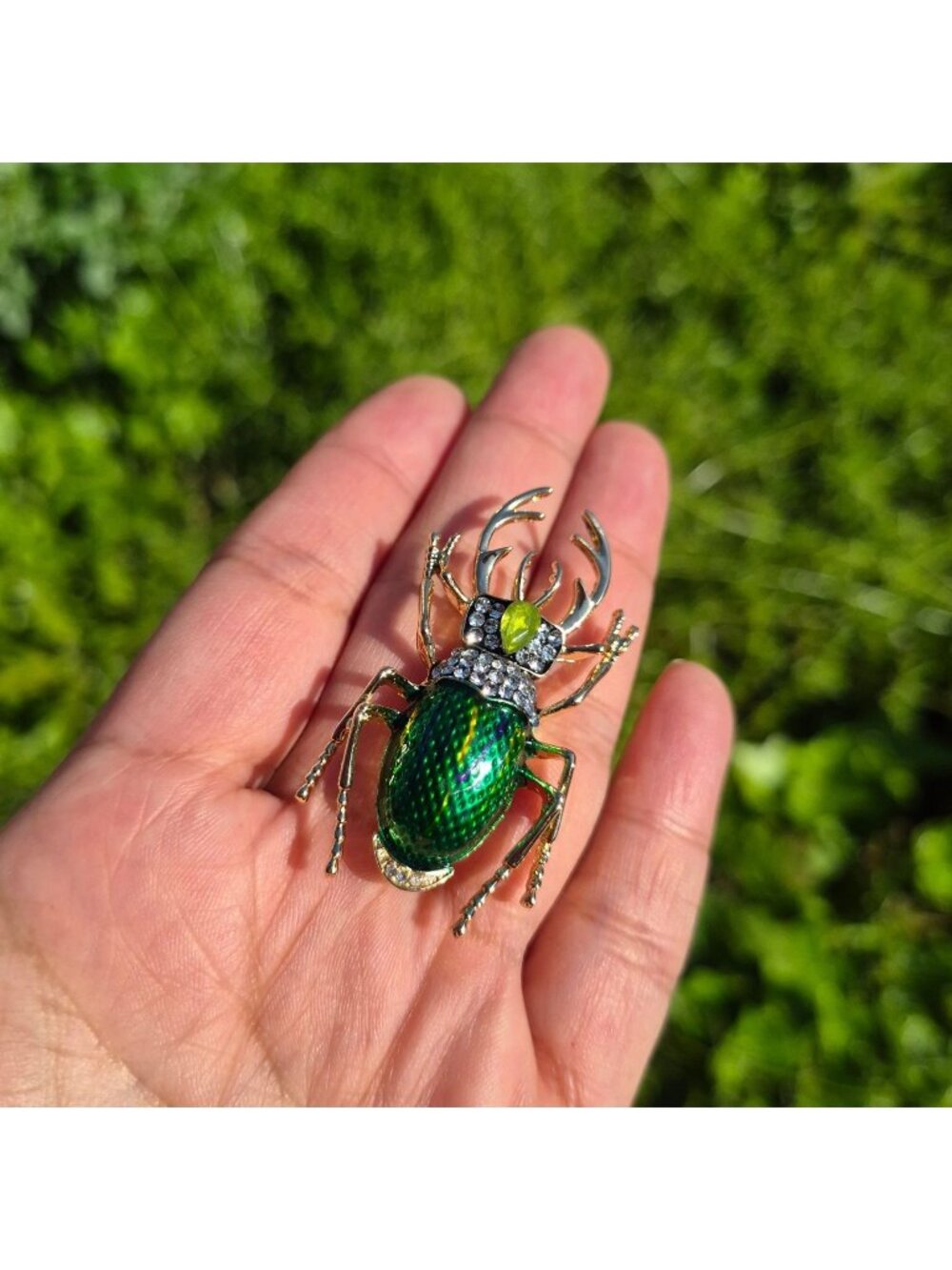⭐Vintage Style Gold Tone Green Beetle Bug Insect Animal Crystal Pearl Brooch Pin